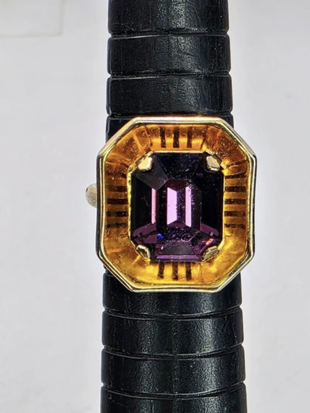 Vtg Purple Emerald Cut Glass Goldtone Sunburst Bezel Art Deco Statement Ring 7.5